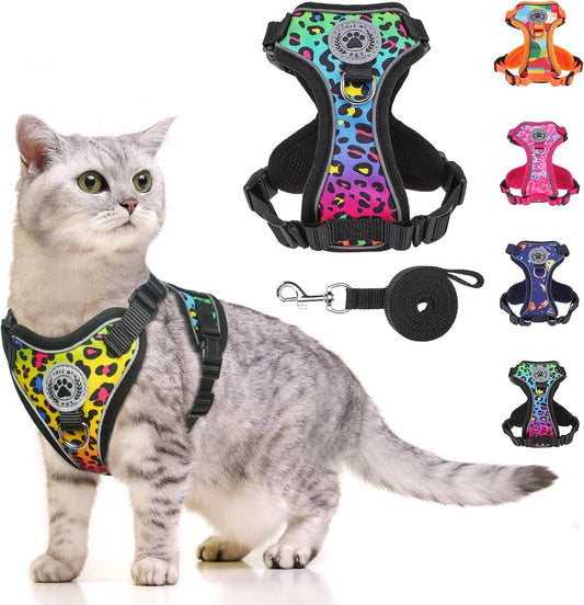 Escape Proof Cat Harness and Leash Reflective Adjustable Soft Vest Leopard Print