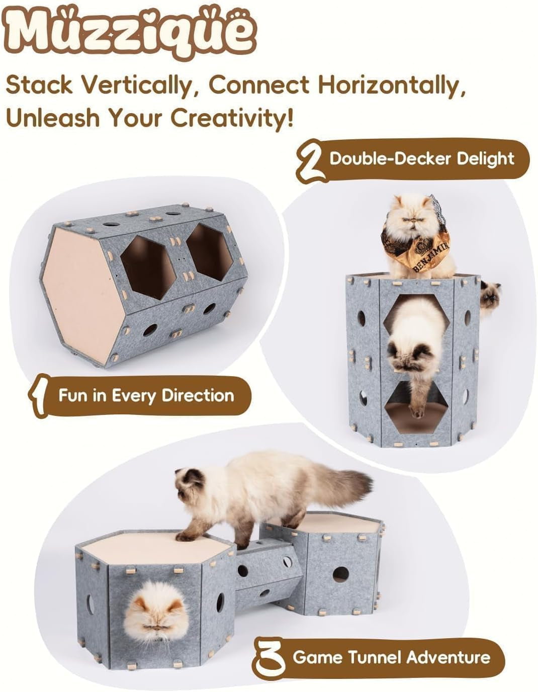 Muzzique Modular Felt Cat House & Tunnel Bed with Cleaning Brush