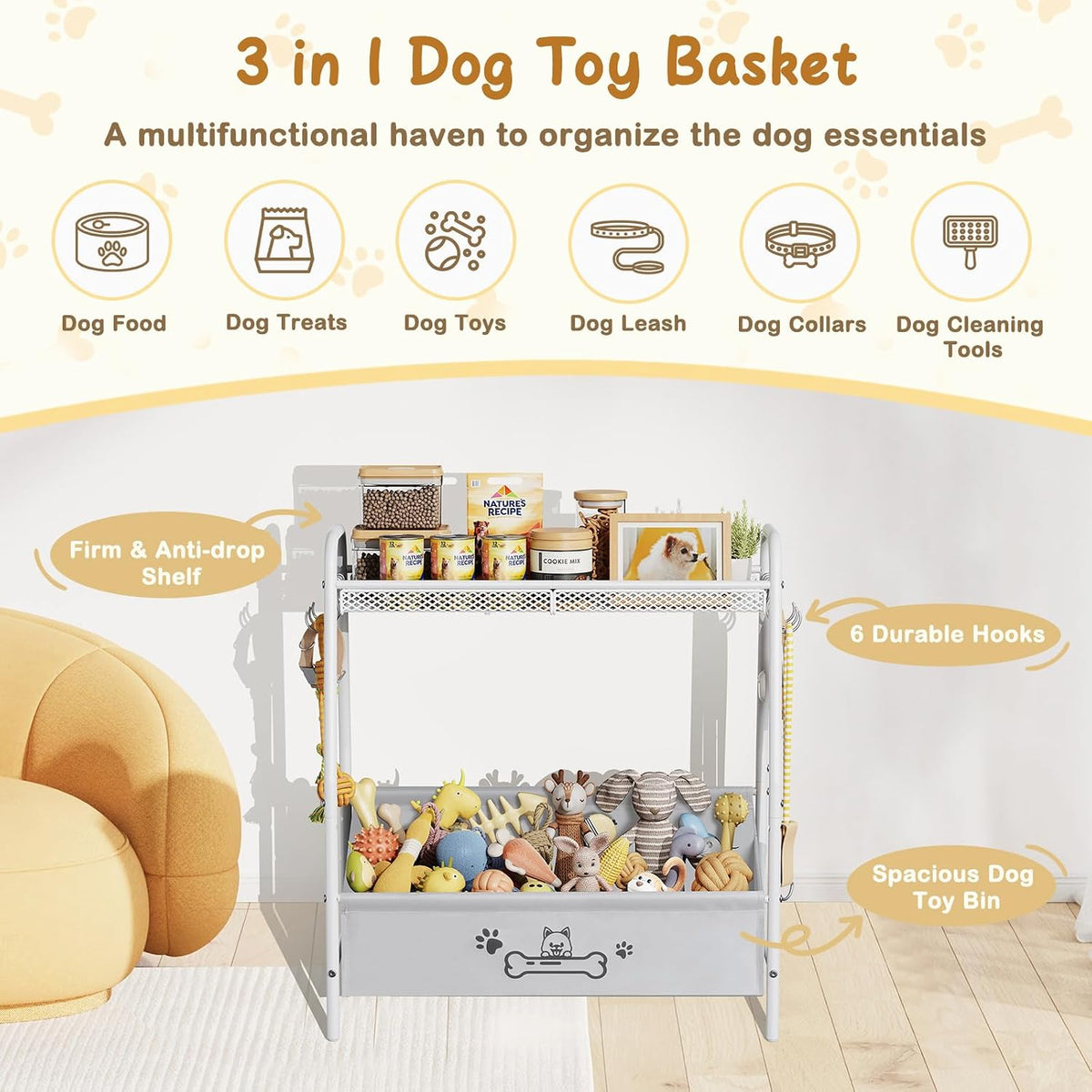 Large Dog Toy Storage Organizer with Shelf & 6 Hooks – Black, White or Brown