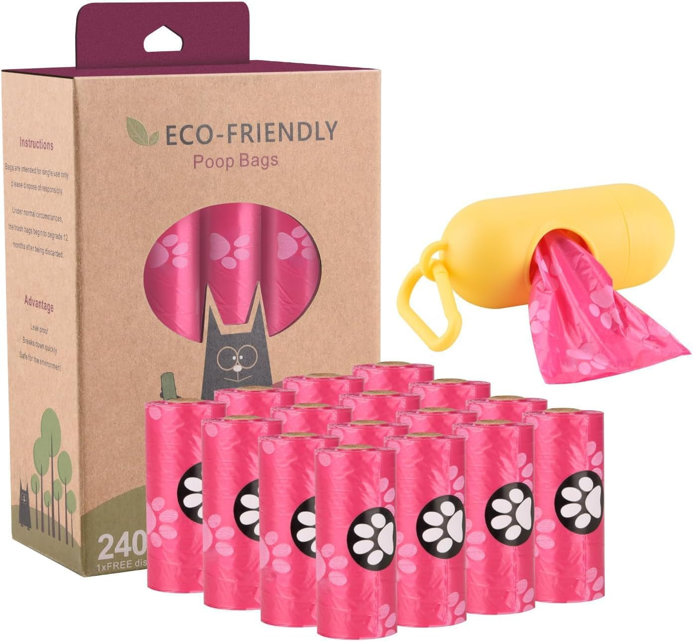Biodegradable Dog Poop Bags with Holder Leak Proof Compostable Waste Bags Pink 240 Count (Pack Of 1)