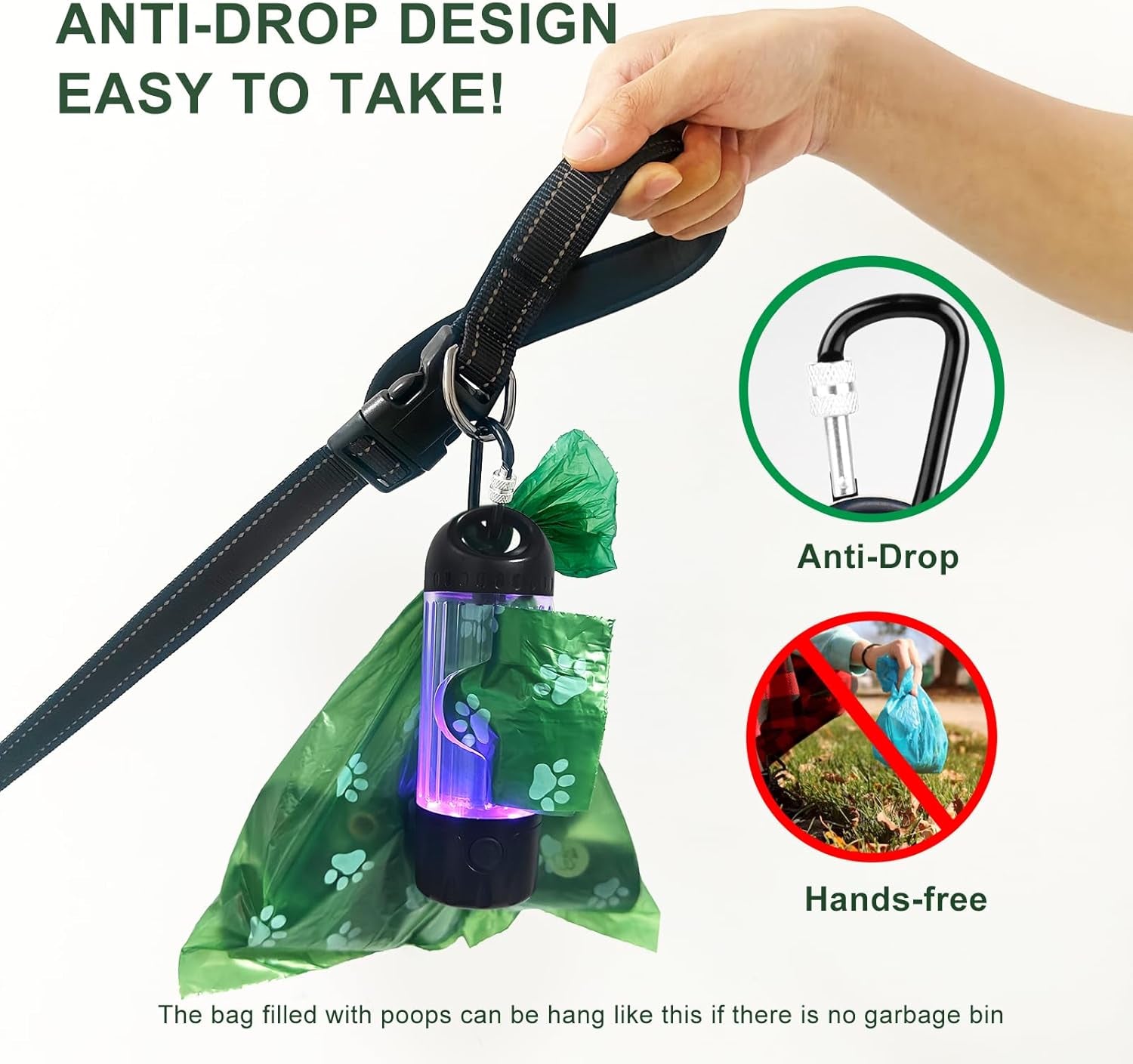 Dog Poop Bag Holder LED Flashlight USB C Waterproof Dispenser 30 Bags