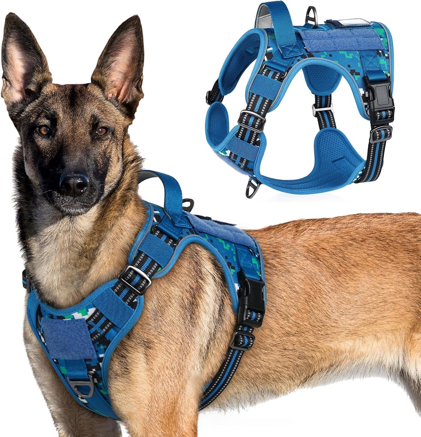 No Pull Tactical Dog Harness Molle Vest Adjustable Medium Large Dogs Blue Camo X-Large