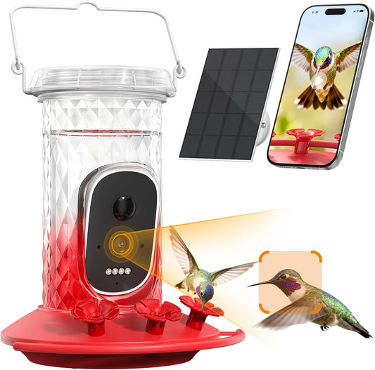 Hummingbird Feeder Camera Solar WiFi 2.5K HD AI Night Vision Red