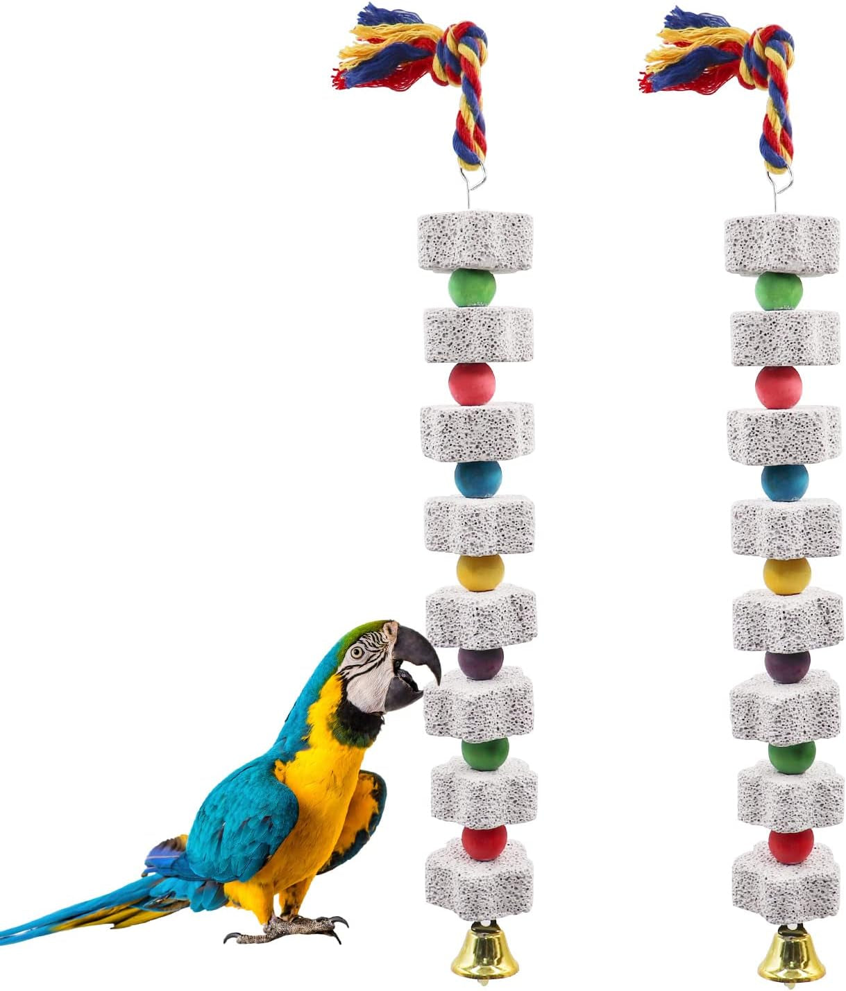 2 Pack Parrot Chew Toy Calcium Block Bird Beak Grinding Bell Cage Toy White 13.77 Inch Long