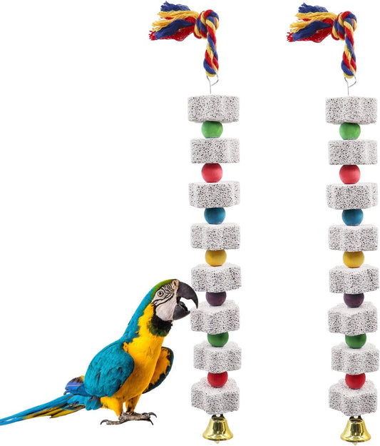 2 Pack Parrot Chew Toy Calcium Block Bird Beak Grinding Bell Cage Toy White 13.77 Inch Long