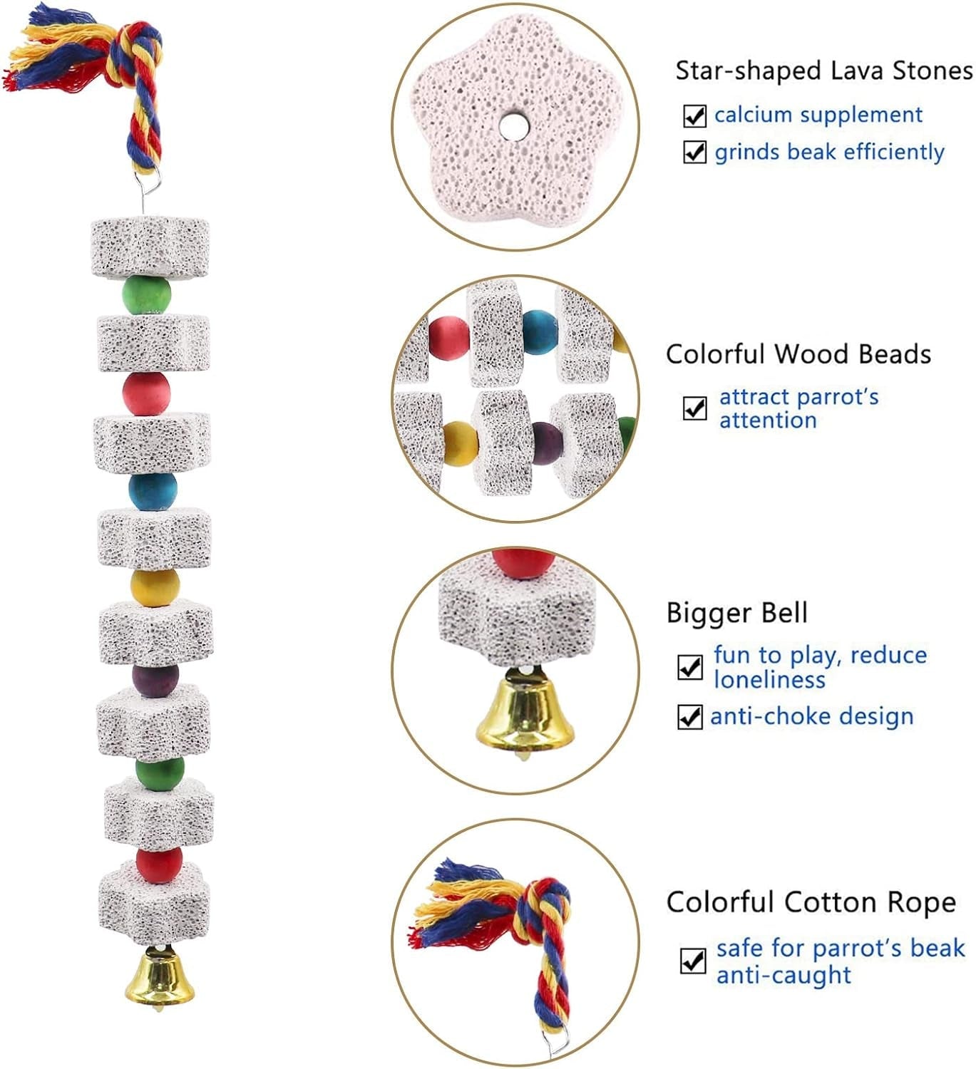 2 Pack Parrot Chew Toy Calcium Block Bird Beak Grinding Bell Cage Toy
