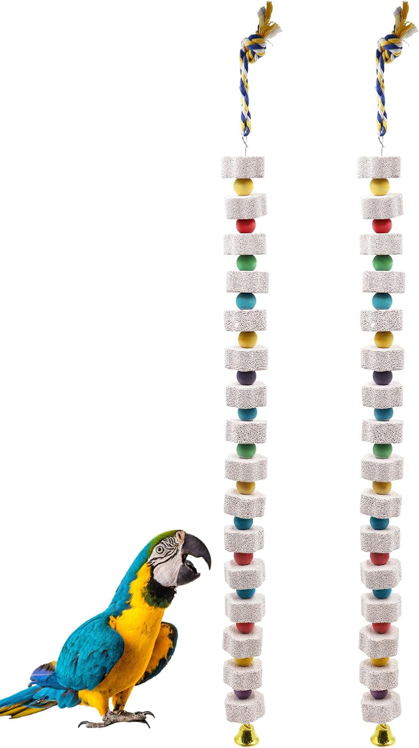 2 Pack Parrot Chew Toy Calcium Block Bird Beak Grinding Bell Cage Toy White 27.55 Inch Long
