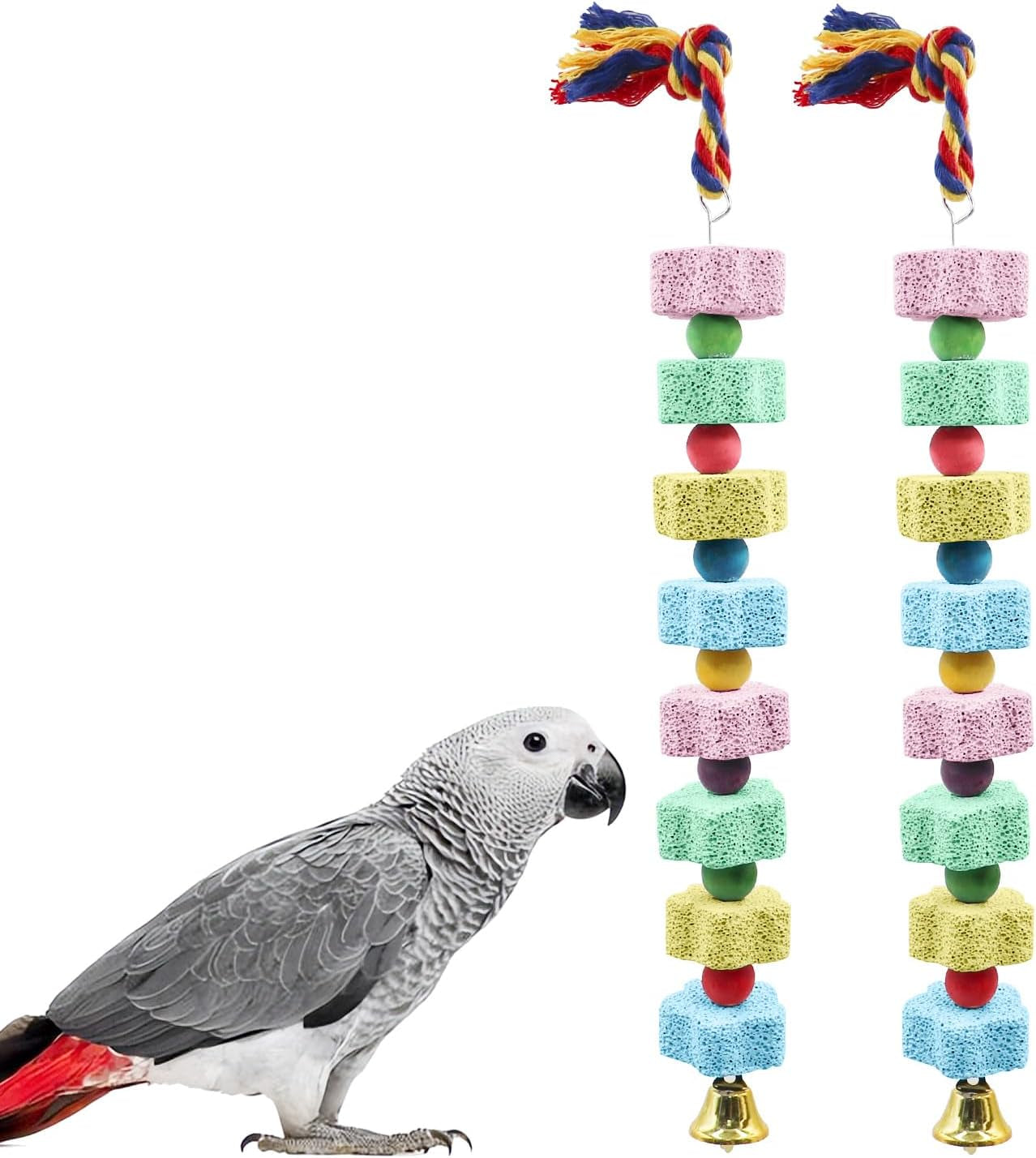 2 Pack Parrot Chew Toy Calcium Block Bird Beak Grinding Bell Cage Toy Multi-Colored 13.77 Inch Long