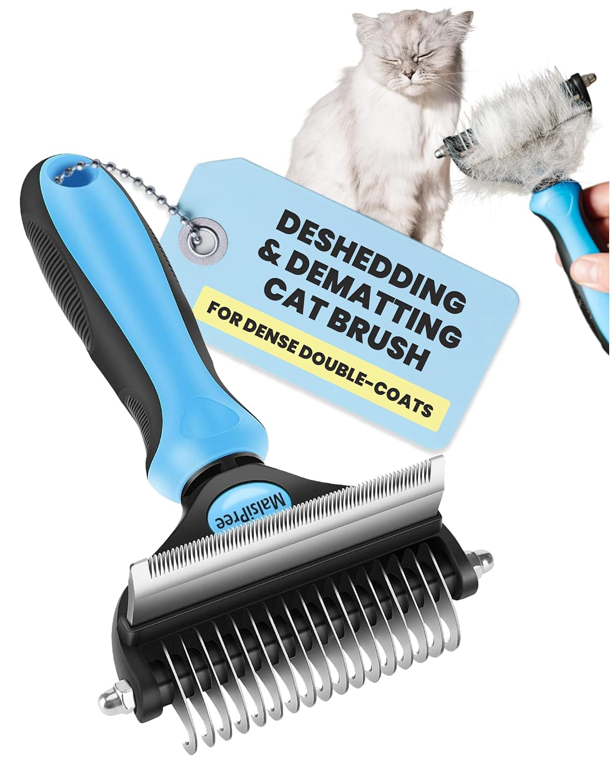 2-in-1 Dog & Long Hair Cat Deshedding Brush Undercoat Rake Dematting Tool Blue Medium