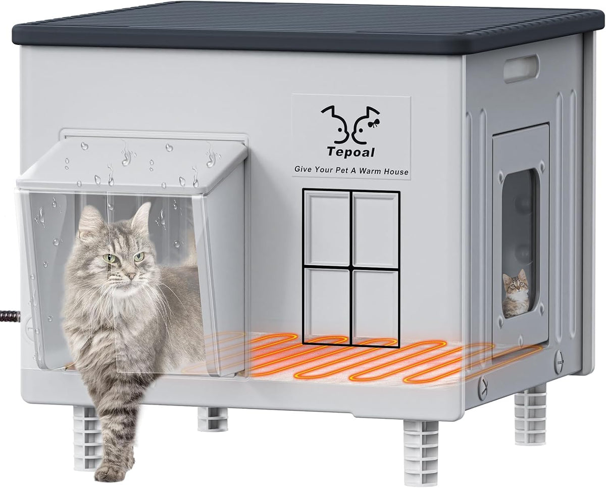 Heavy-Duty Heated Outdoor Cat House with Escape Door – Green or Grey, 2 Sizes