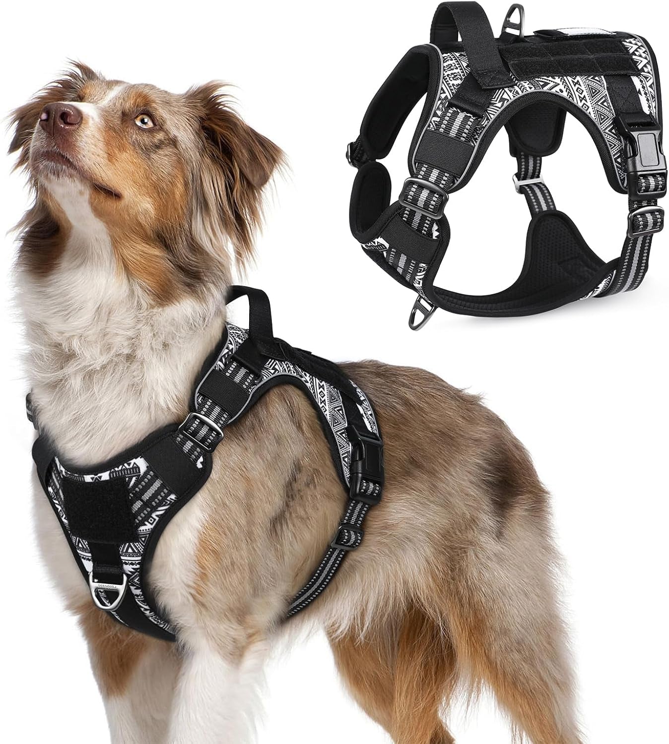 No Pull Tactical Dog Harness Molle Vest Adjustable Medium Large Dogs Black White Geometric Medium