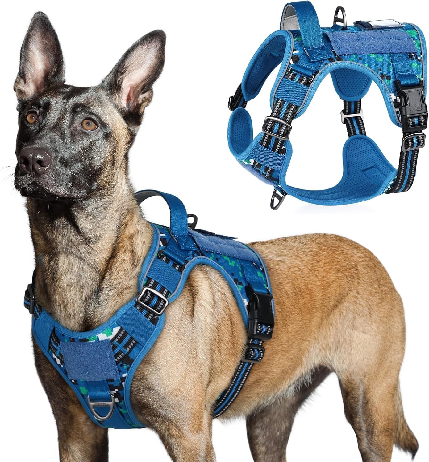 No Pull Tactical Dog Harness Molle Vest Adjustable Medium Large Dogs Blue Camo Large
