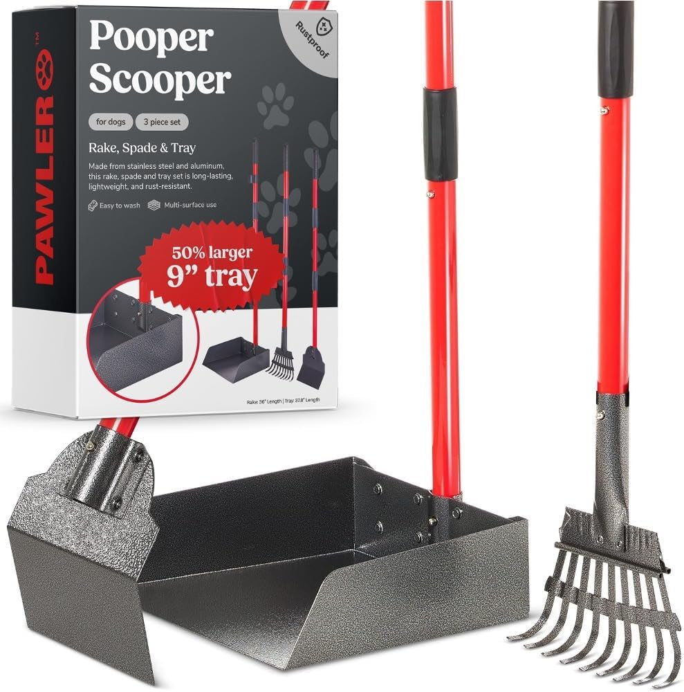 Metal Pooper Scooper Set with Long Handle Tray & Rake for Large Dogs 3 Piece Set - X Large