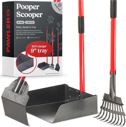 Metal Pooper Scooper Set with Long Handle Tray & Rake for Large Dogs 3 Piece Set - X Large