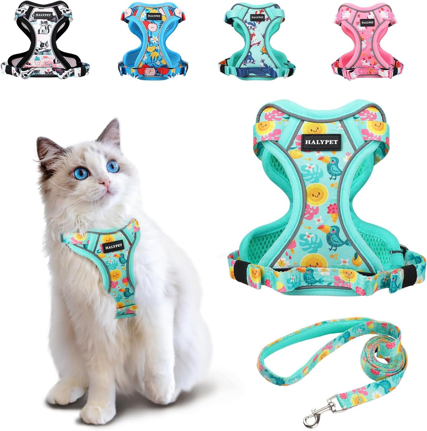 Cat Harness and Leash Set Escape Proof Reflective Adjustable Vest H603 Pro Green Tropics Small (7-12Lb)
