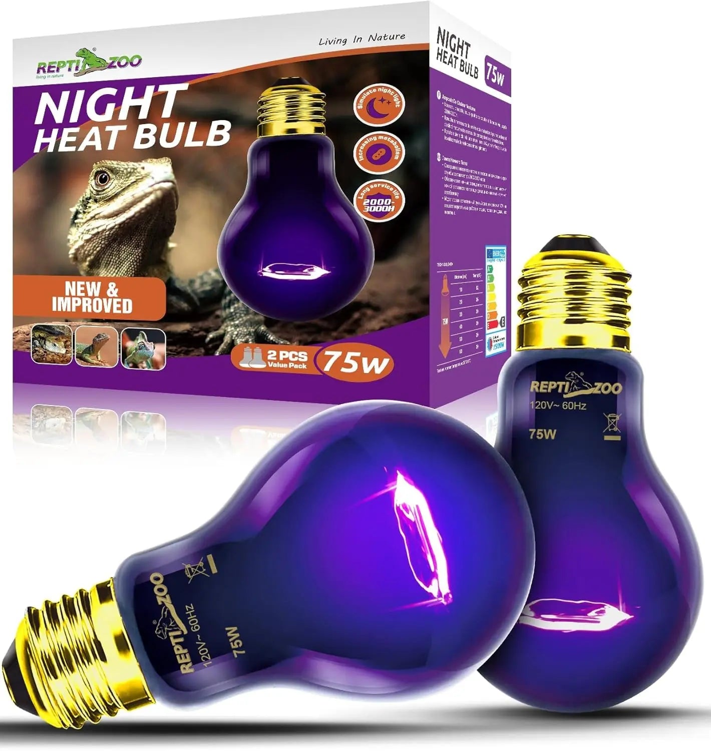 2Pack- 75W or 100W Reptile Night Heat Lamp Purple E26 E27 Bulbs 75.0