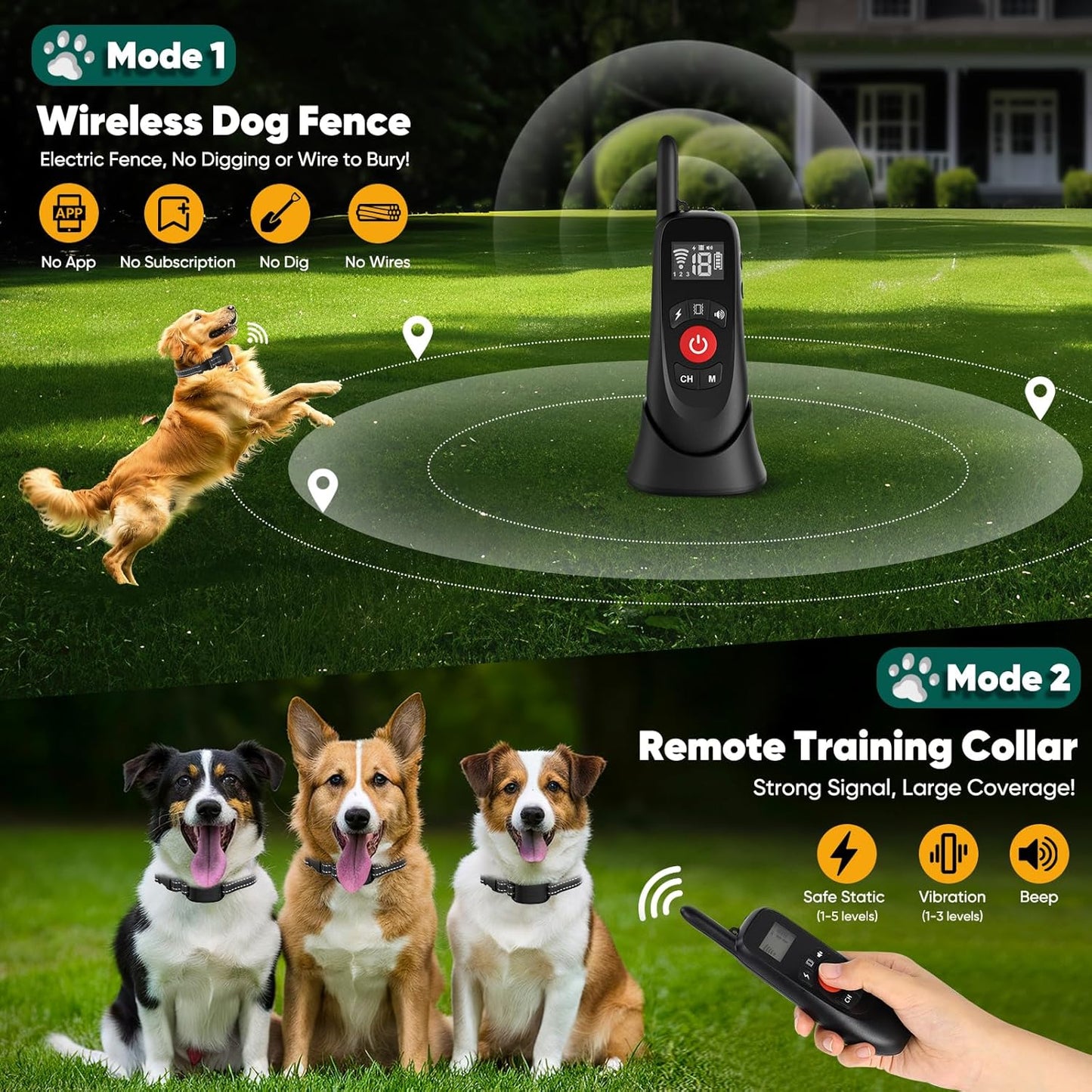 Wireless Dog Fence Collar Electric Training Remote Waterproof 1640ft Range
