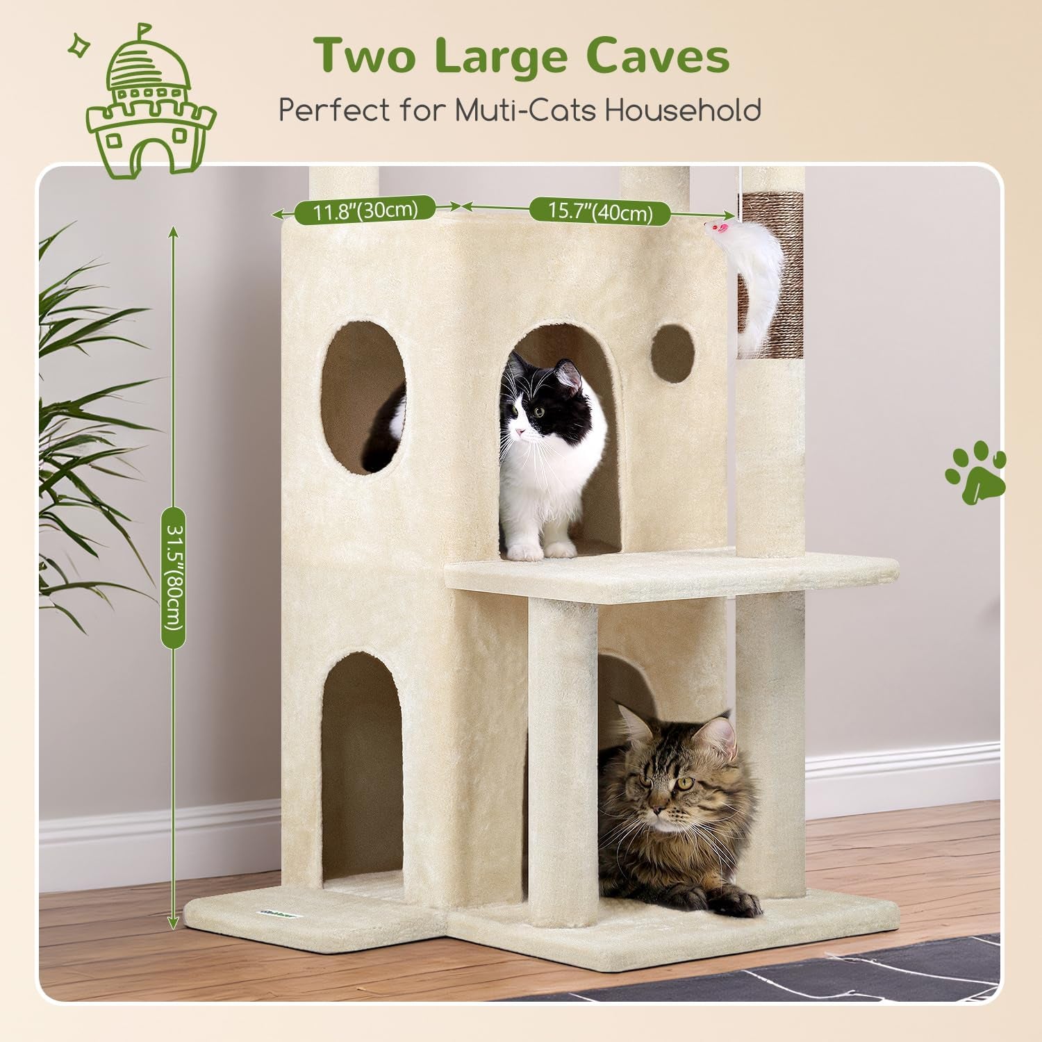 50-Inch Cat Tree Tower for Large Indoor Cats with Scratching Post & Caves