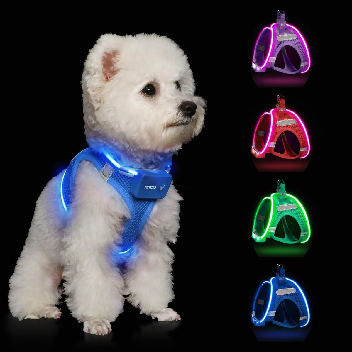 LED Light-Up Dog Harness – Rechargeable, XS–L, 6 Colors