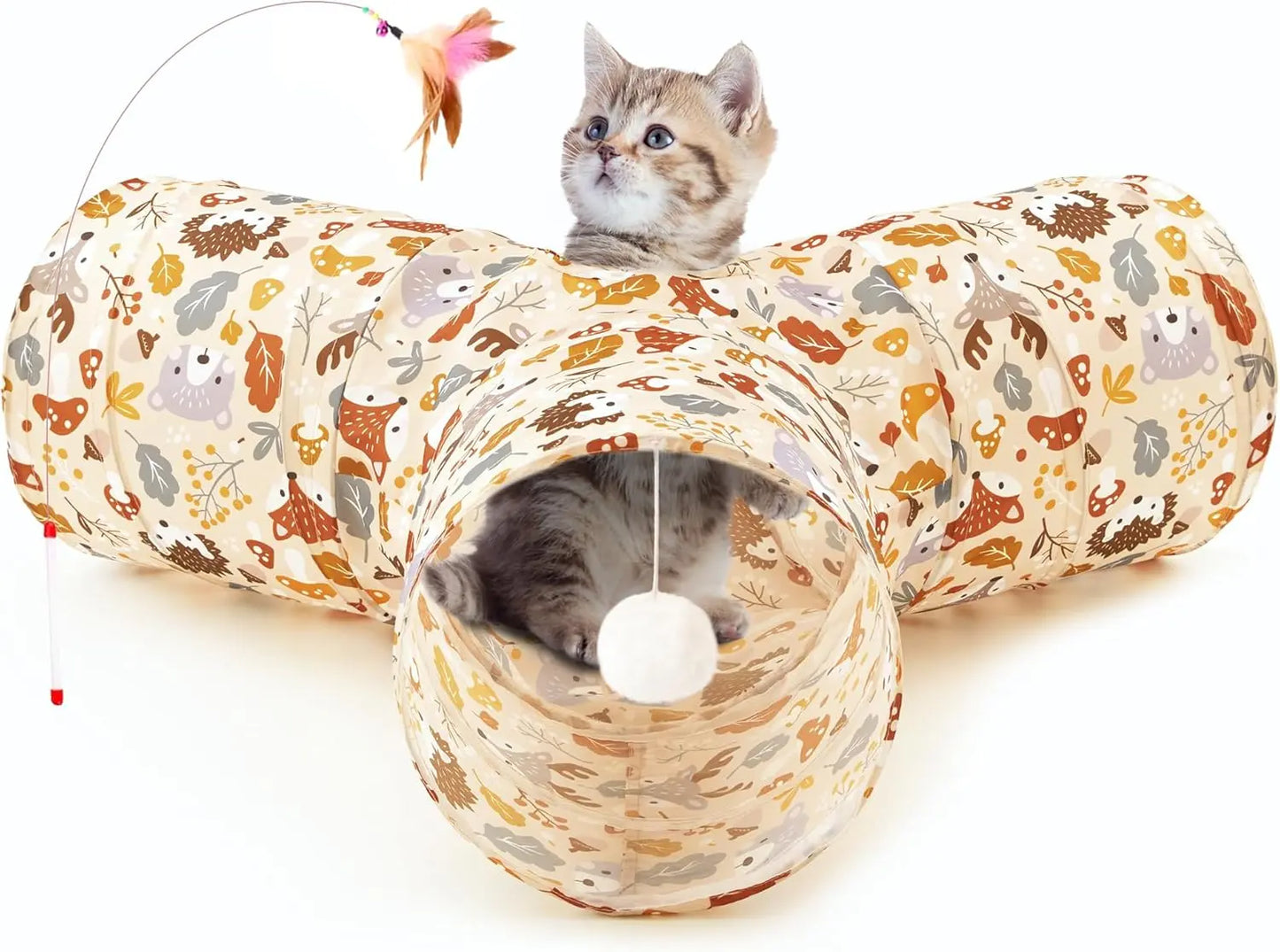 3-Way Collapsible Tunnel Cat Toy with Ball & Peek Hole for Indoor Cats & Kittens 3-Way Beige Deer 3-Way