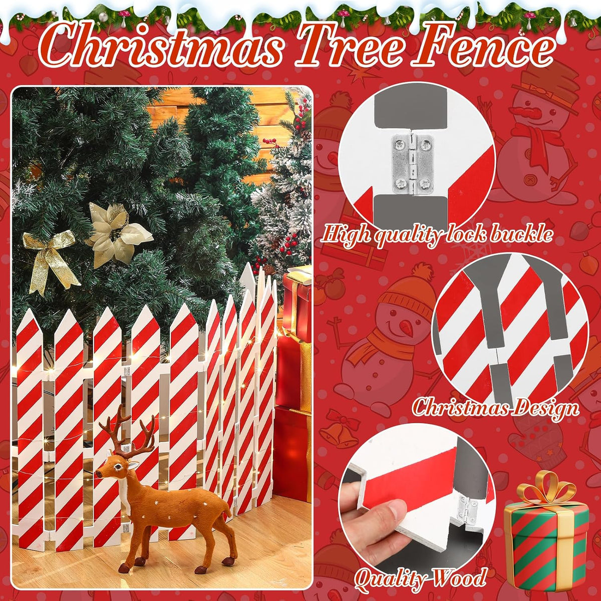 Lighted Wooden Christmas Tree Fence – 24 x 142 Inch, Candy Cane