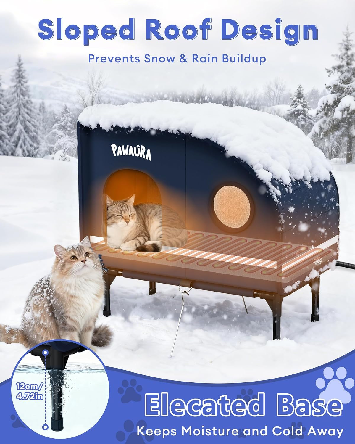Weatherproof Heated Cat House for Outdoor Cats, Thickly Insulated Camper-Style Shelter with Thermostatic Heating Pad, Elevated Base & Skylight (Dark Blue, Large)