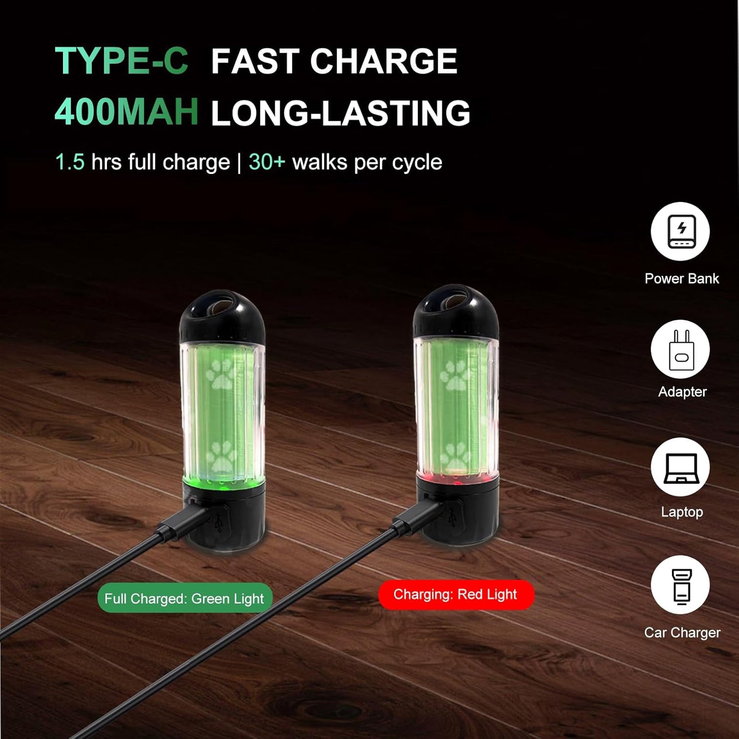 Dog Poop Bag Holder LED Flashlight USB C Waterproof Dispenser 30 Bags