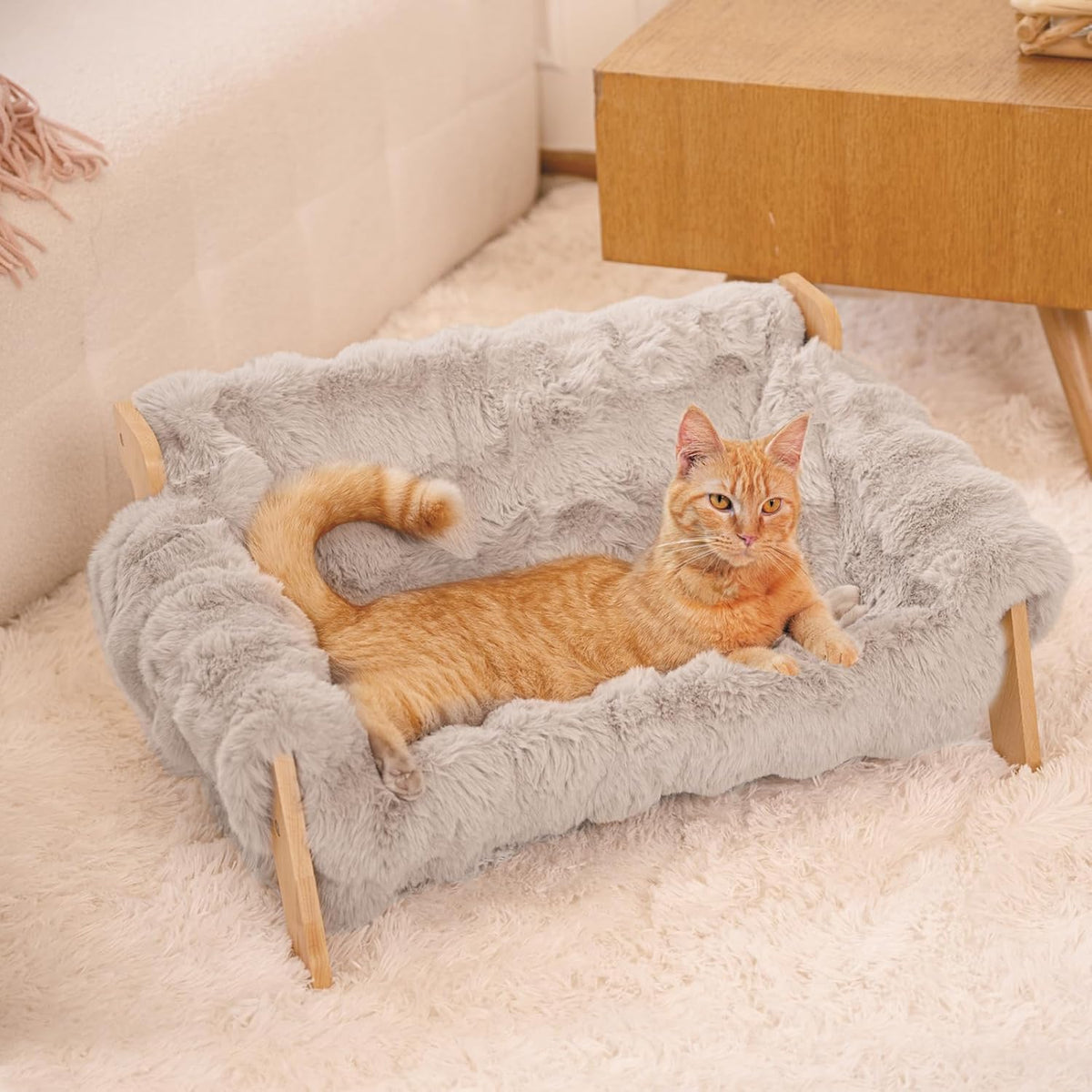 this is offered in 3 different colors. title: CHEERHOME PETS Elevated Cat Couch Bed for Indoor Cats, Wooden Cat Sofa with Removable Washable Fluffy Cover Raised Kitty Lounge Chair Suitable for Puppy(Cat Sofa Off-White) description: 