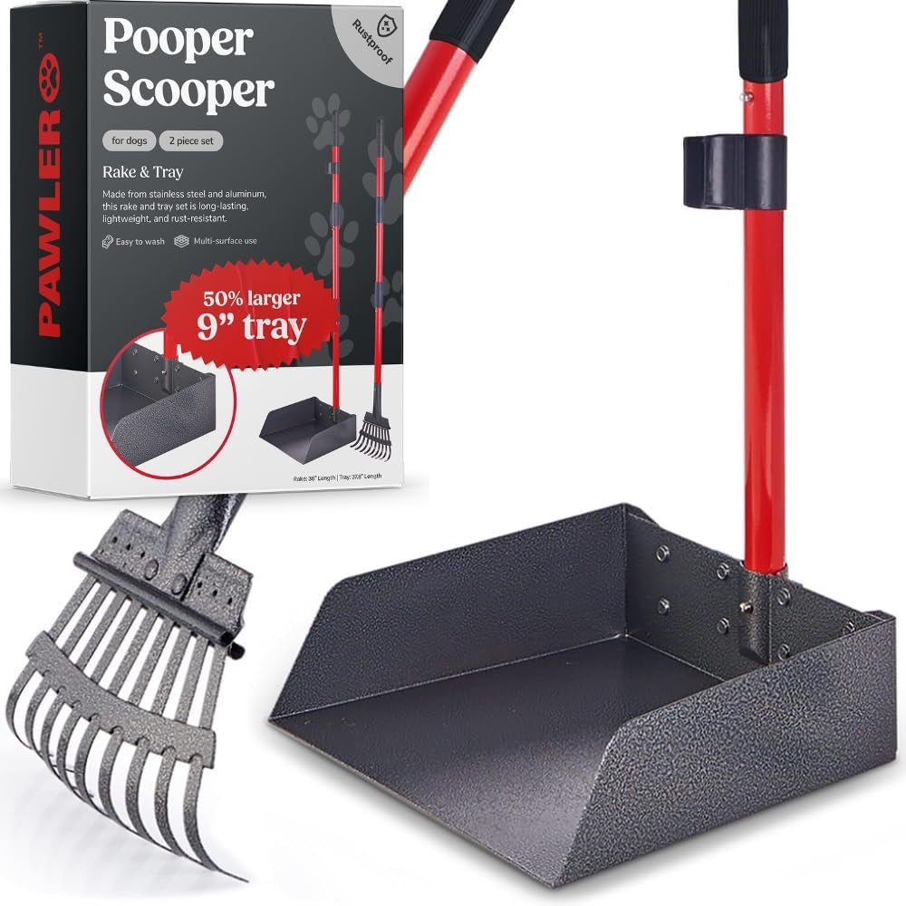 Metal Pooper Scooper Set with Long Handle Tray & Rake for Large Dogs 2 Piece Set - X Large