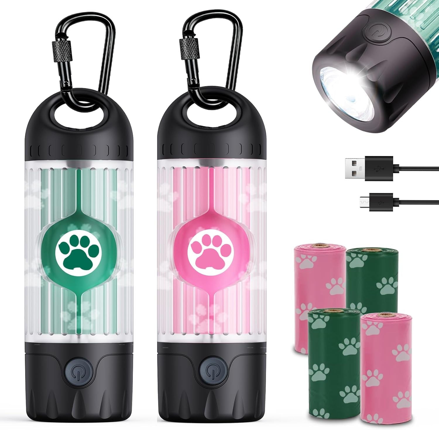 Dog Poop Bag Holder LED Flashlight USB C Waterproof Dispenser 30 Bags 2 Dispensers, 60 Bags