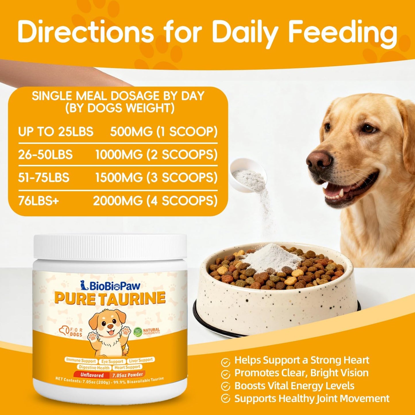 Taurine Powder for Dogs 500mg Pure Supplement Heart Immune Coat 200g