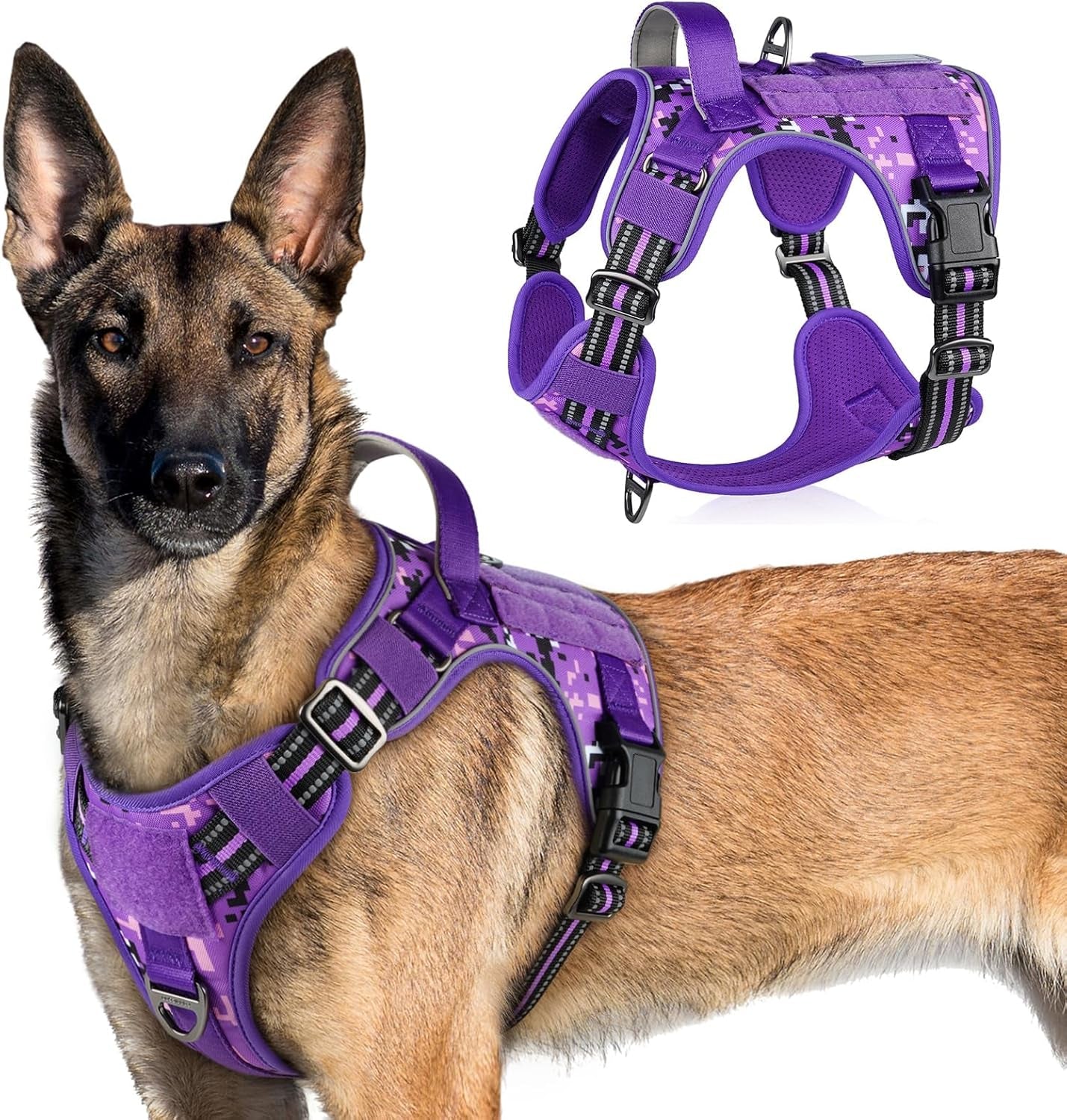 No Pull Tactical Dog Harness Molle Vest Adjustable Medium Large Dogs Purple Camo X-Large