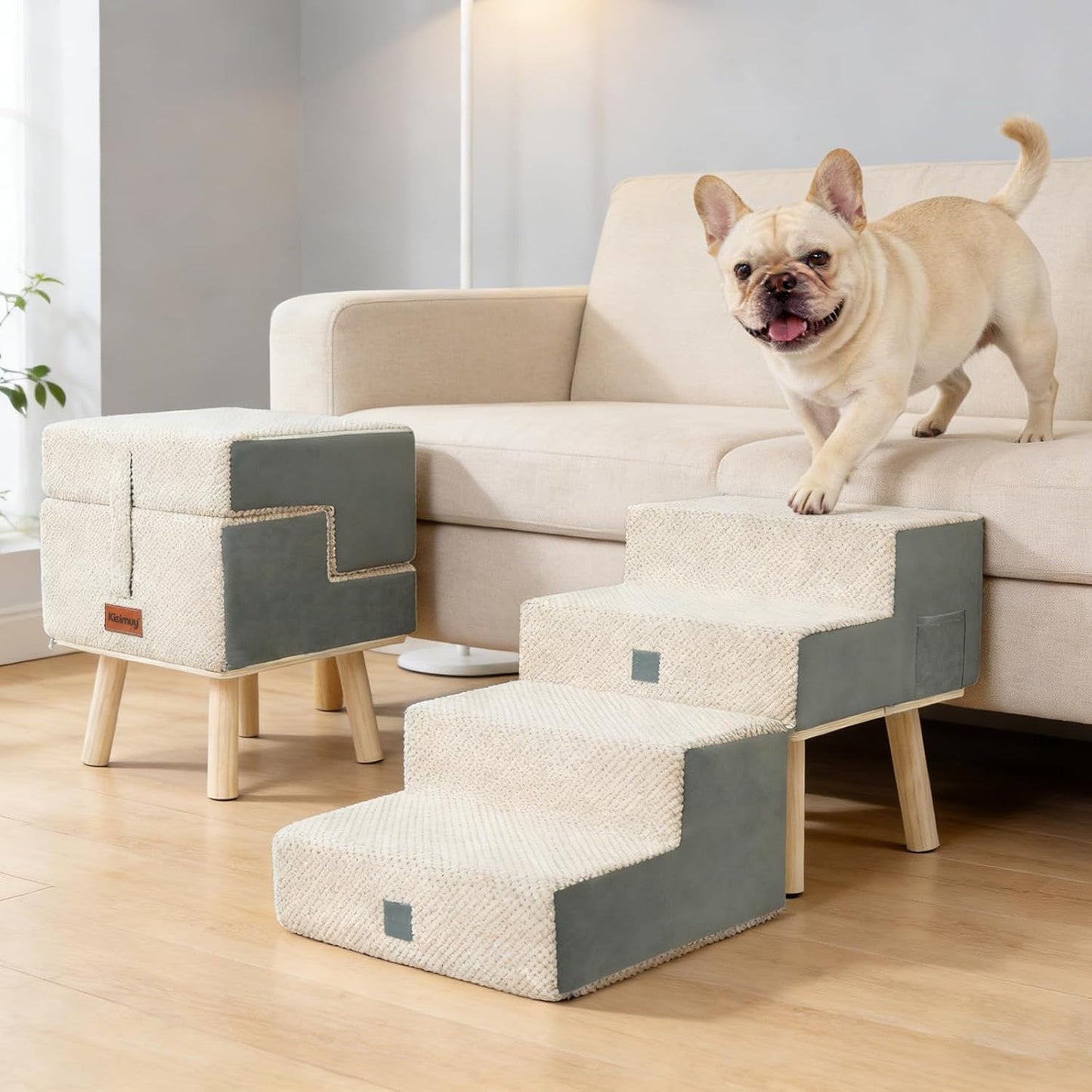 Dog Stairs 4 Step Foldable Pet Steps Ottoman Ramp for Couch Bed 4-Step Beige