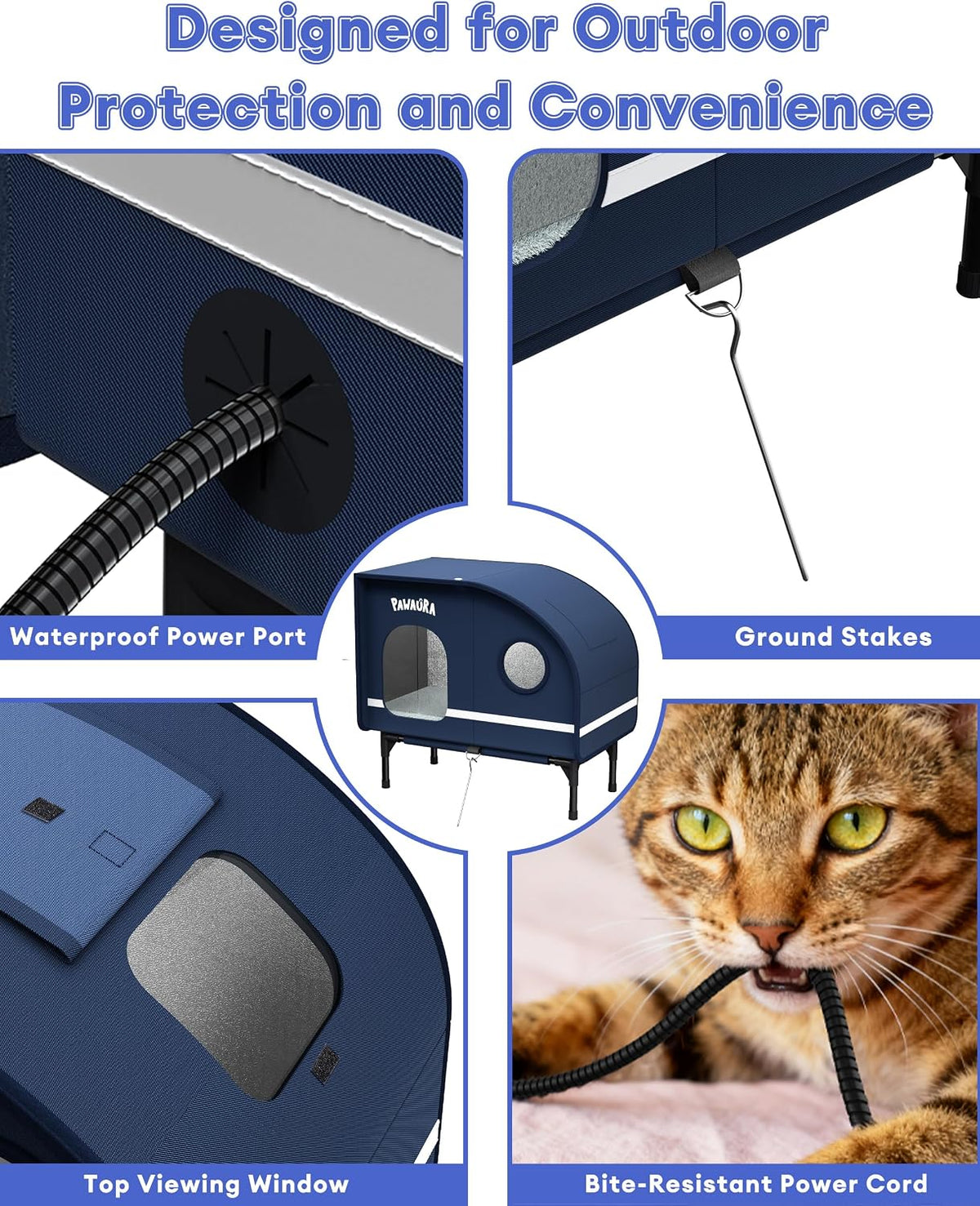 Weatherproof Heated Cat House for Outdoor Cats, Thickly Insulated Camper-Style Shelter with Thermostatic Heating Pad, Elevated Base & Skylight (Dark Blue, Large)