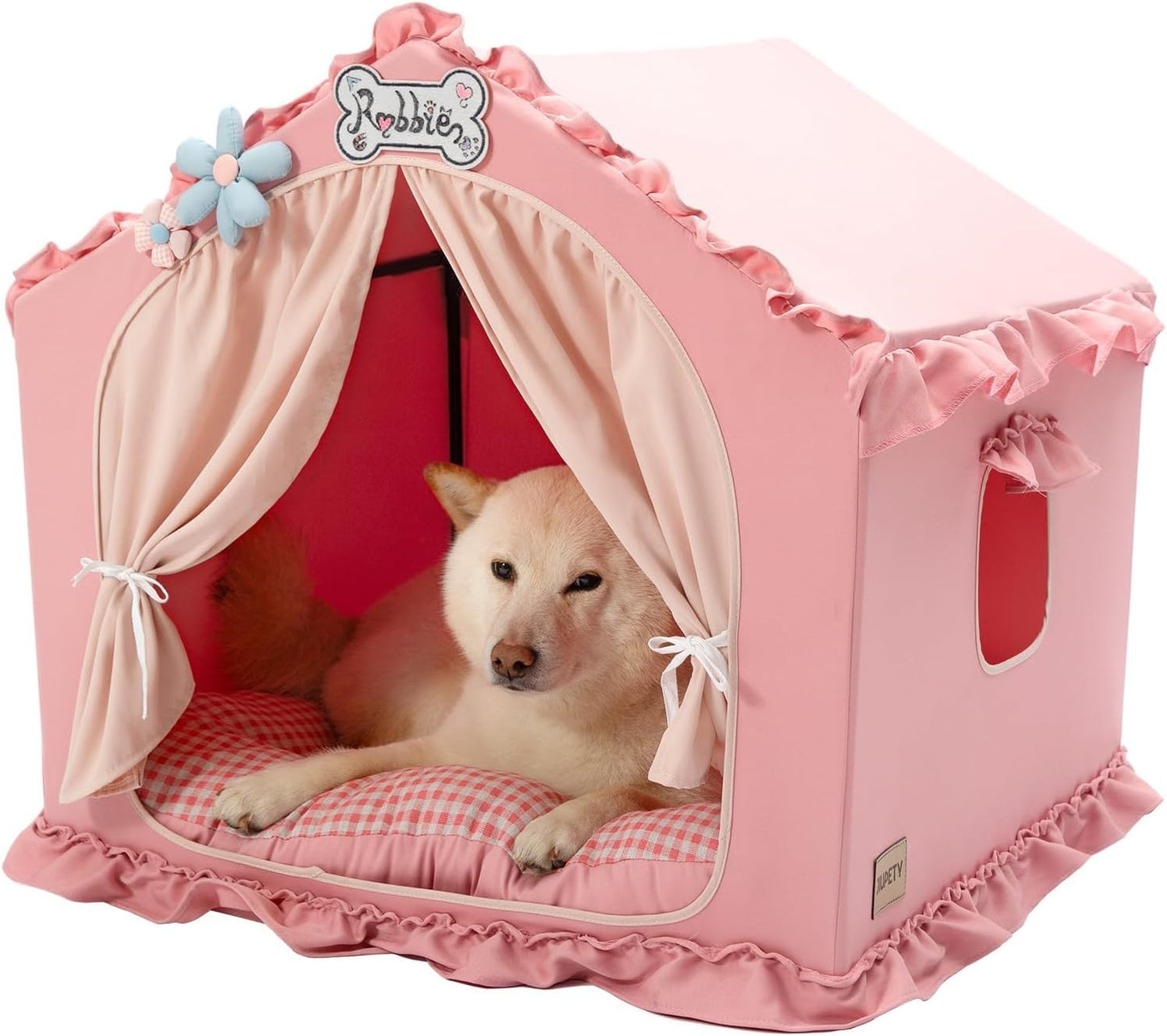 Indoor Dog House Tent Bed Soft Washable Foldable Cave For Small and Medium Dogs Pink Large ( 25" × 25" × 25" )