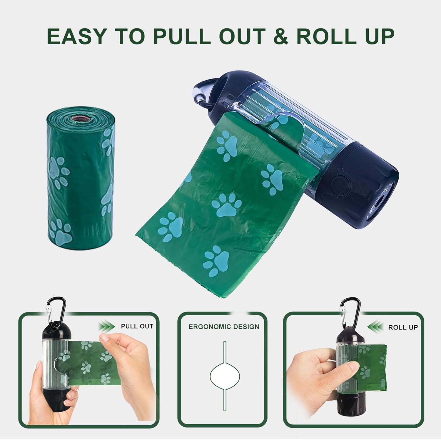 Dog Poop Bag Holder LED Flashlight USB C Waterproof Dispenser 30 Bags