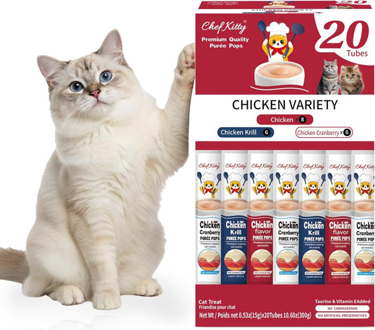Lickable Cat Treats Grain Free Taurine High Protein Puree Toppers 20 Tubes Chicken Variety 20 Count (Pack Of 1)