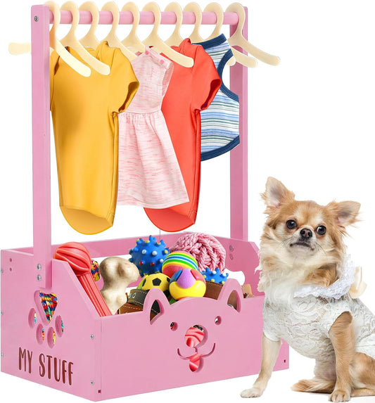 Dog Storage Organizer Wooden Closet Toy Bin Clothes Rack Hangers Pink/White Pink