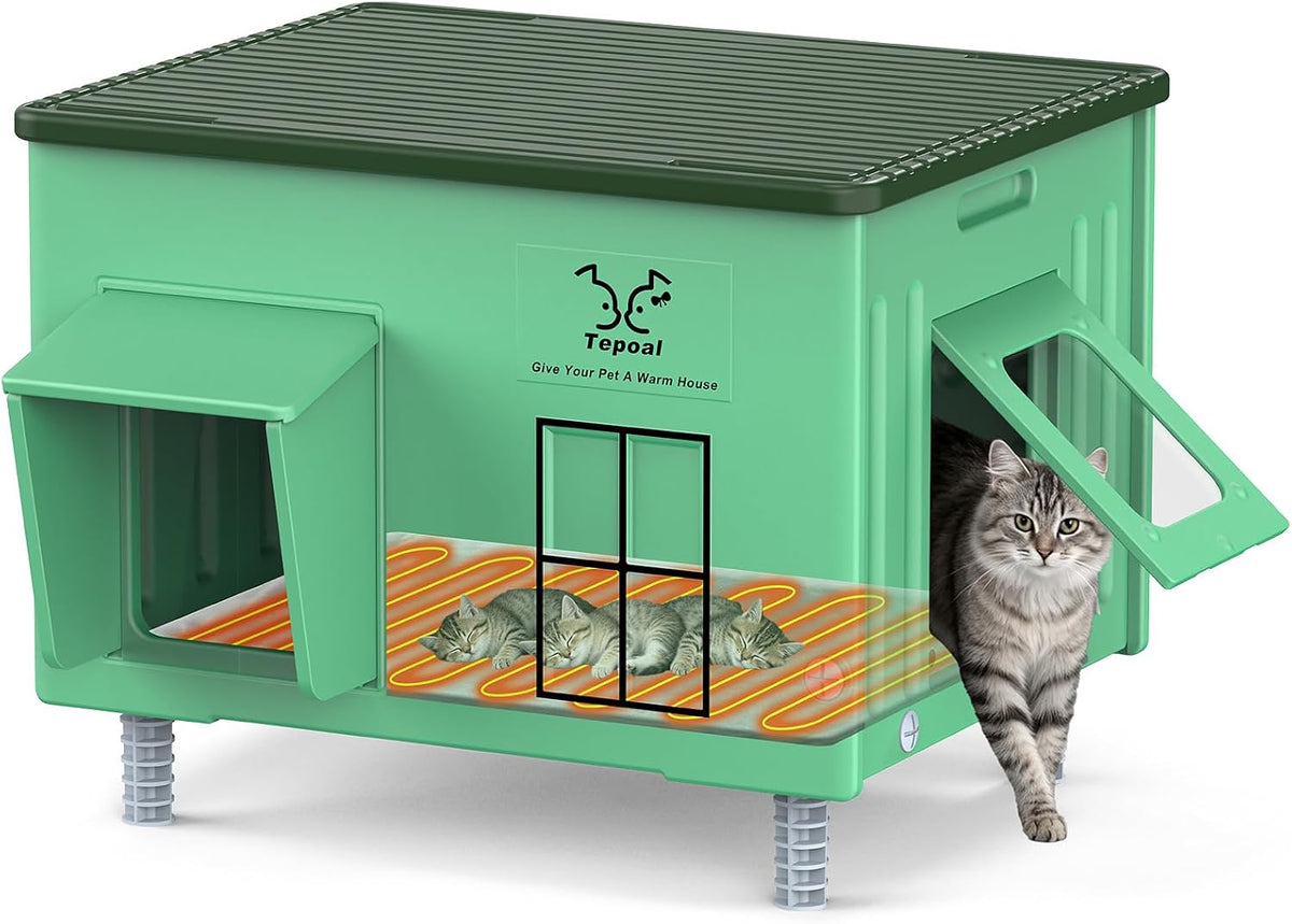 Heavy-Duty Heated Outdoor Cat House with Escape Door – Green or Grey, 2 Sizes