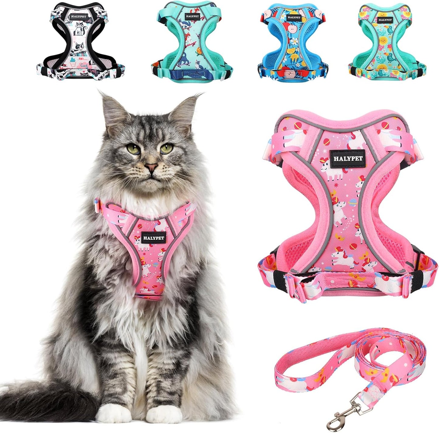 Cat Harness and Leash Set Escape Proof Reflective Adjustable Vest H603 Pro Pink Unicorn Medium (13-18Lb)
