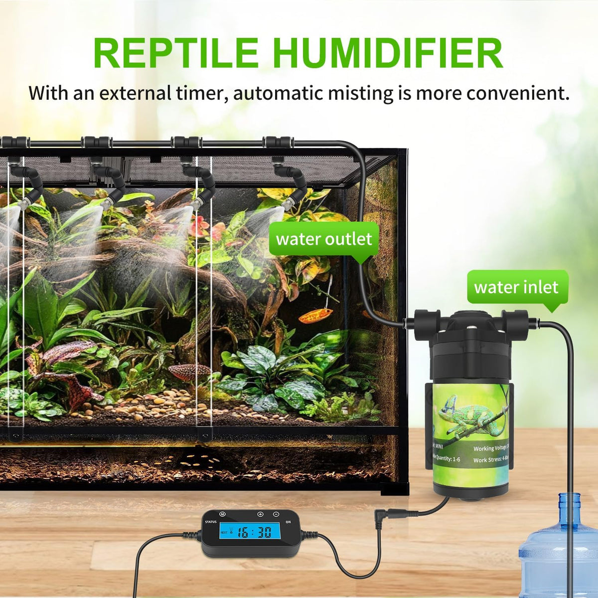 Terrarium misting kit with timer and six adjustable misting nozzles