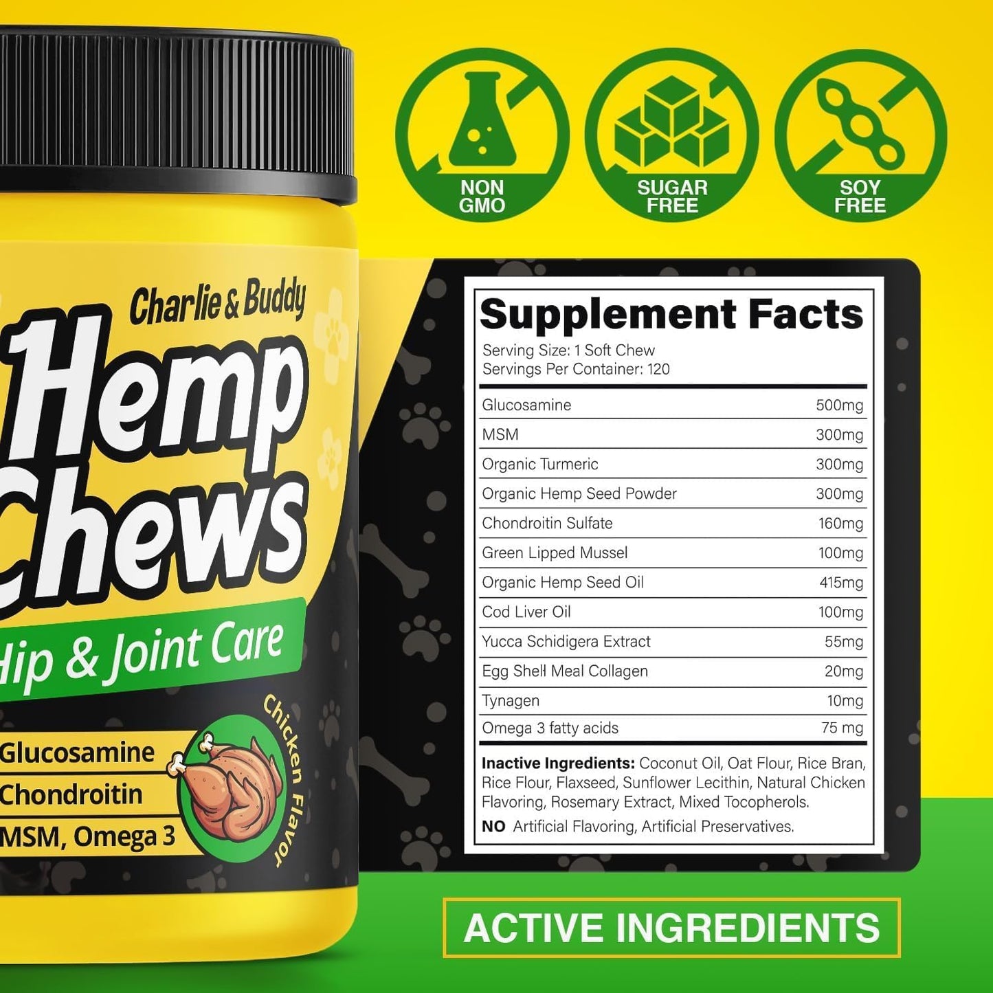 Dog Joint Supplement Glucosamine Chondroitin MSM Omega 3 Chews 120Ct