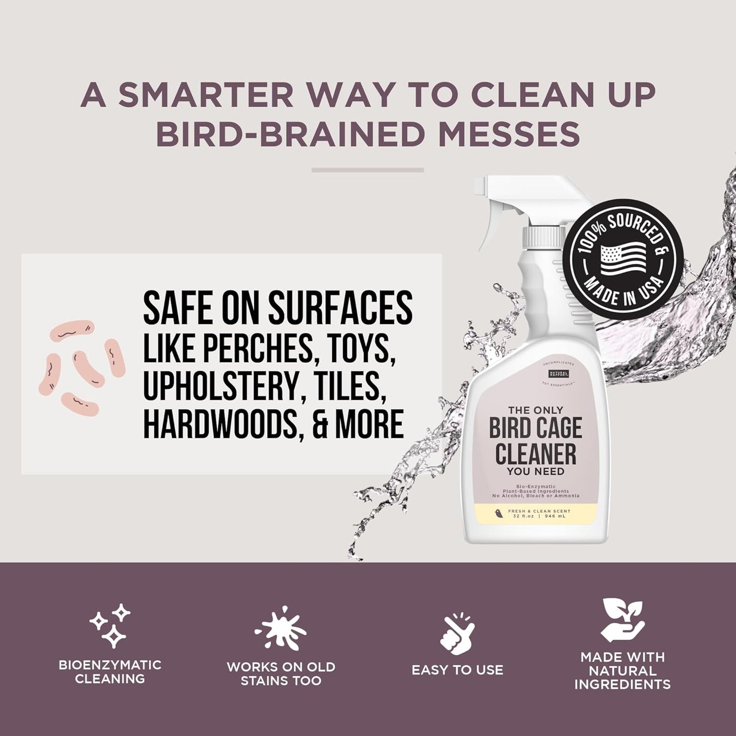 Bird Cage Cleaner Bird Poop Remover Natural Enzyme Spray USA Made