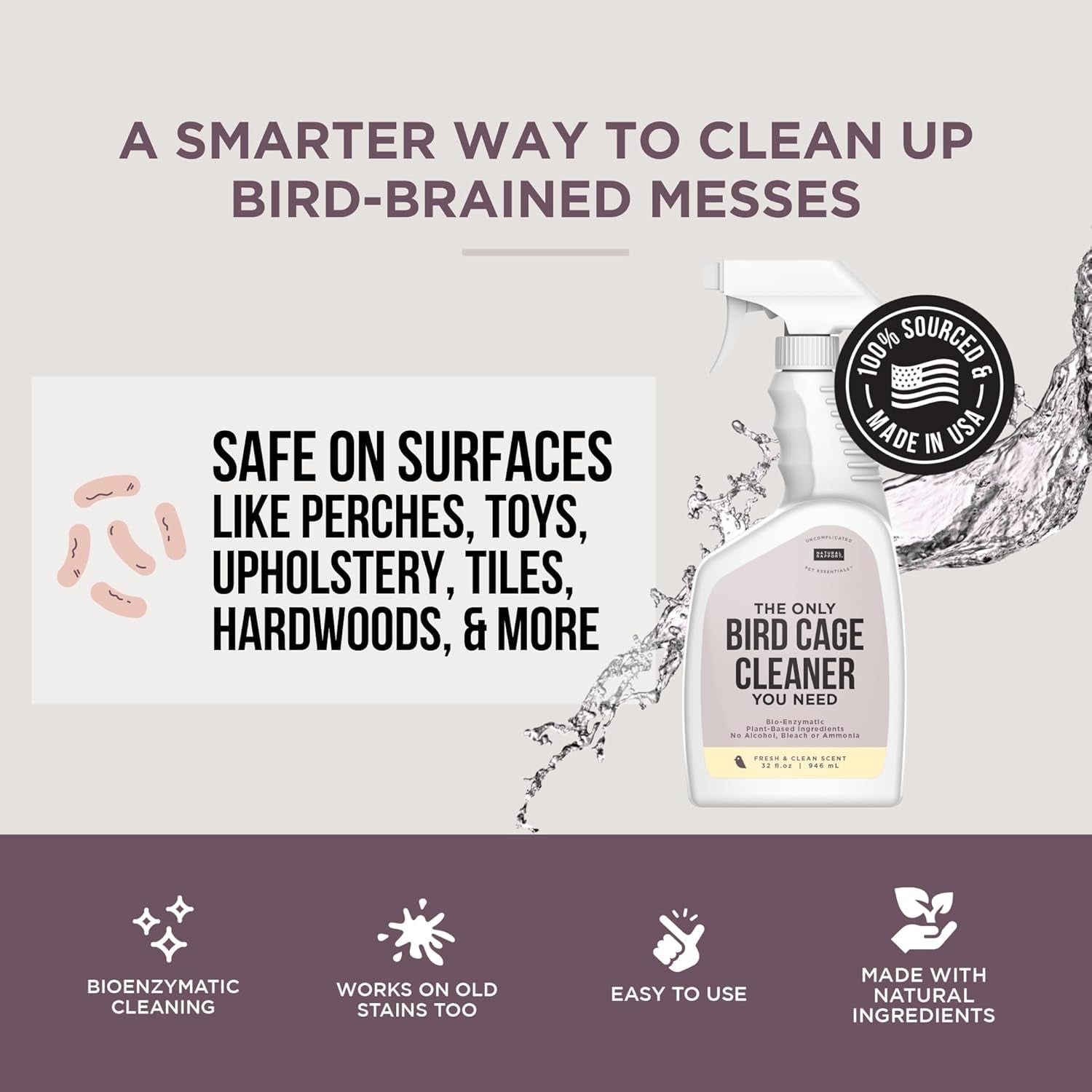 Bird Cage Cleaner Bird Poop Remover Natural Enzyme Spray USA Made