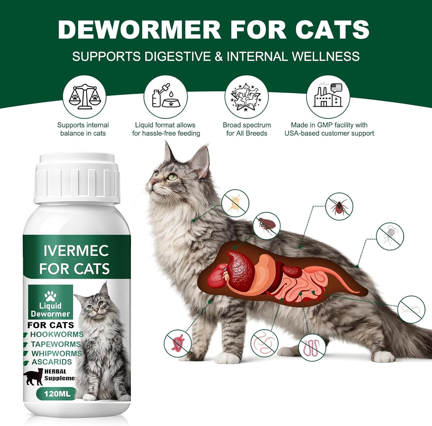 Cat Dewormer Liquid Broad Spectrum Tapeworm Roundworm Hookworm 120ml