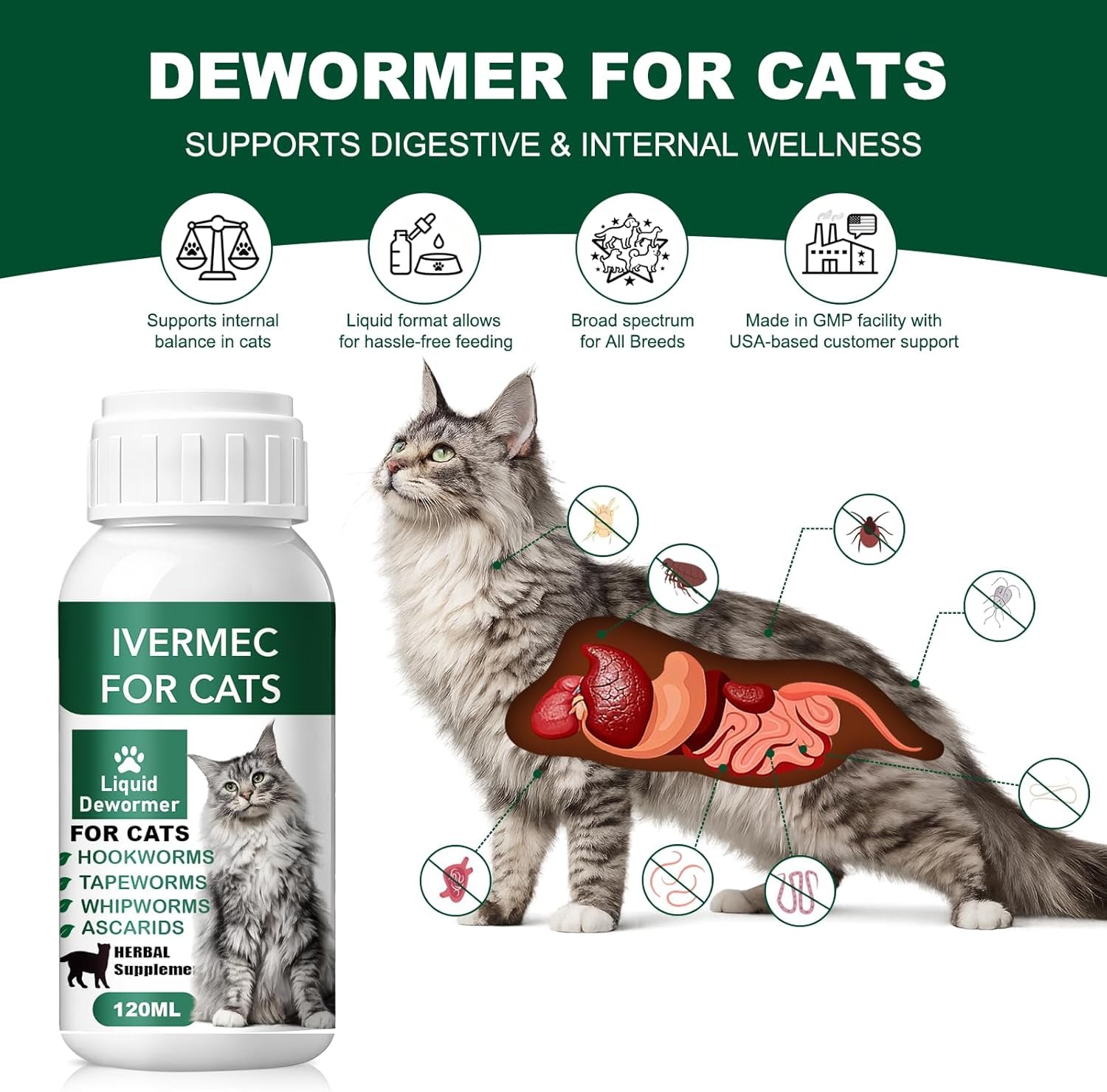 Cat Dewormer Liquid Broad Spectrum Tapeworm Roundworm Hookworm 120ml