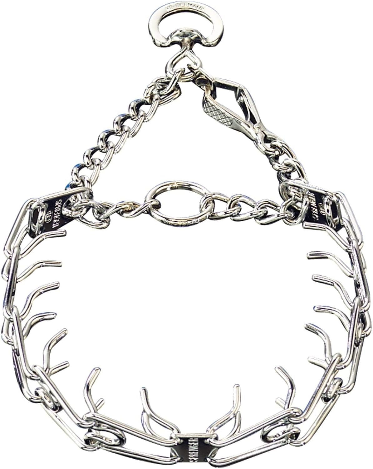 Chrome dog prong collar with quick release buckle, adjustable training fit