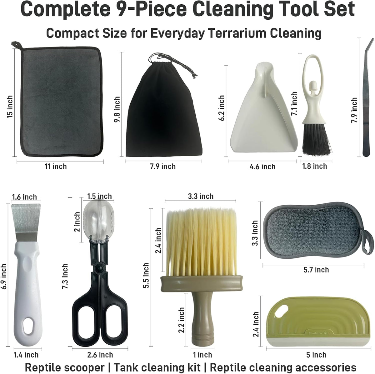 Reptile Habitat Cleaning Kit – 9-Piece Terrarium Tool Set