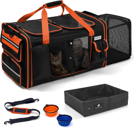 Extra Large Cat Carrier Expandable 2 Cats Travel Carrier with Litter Box Orange