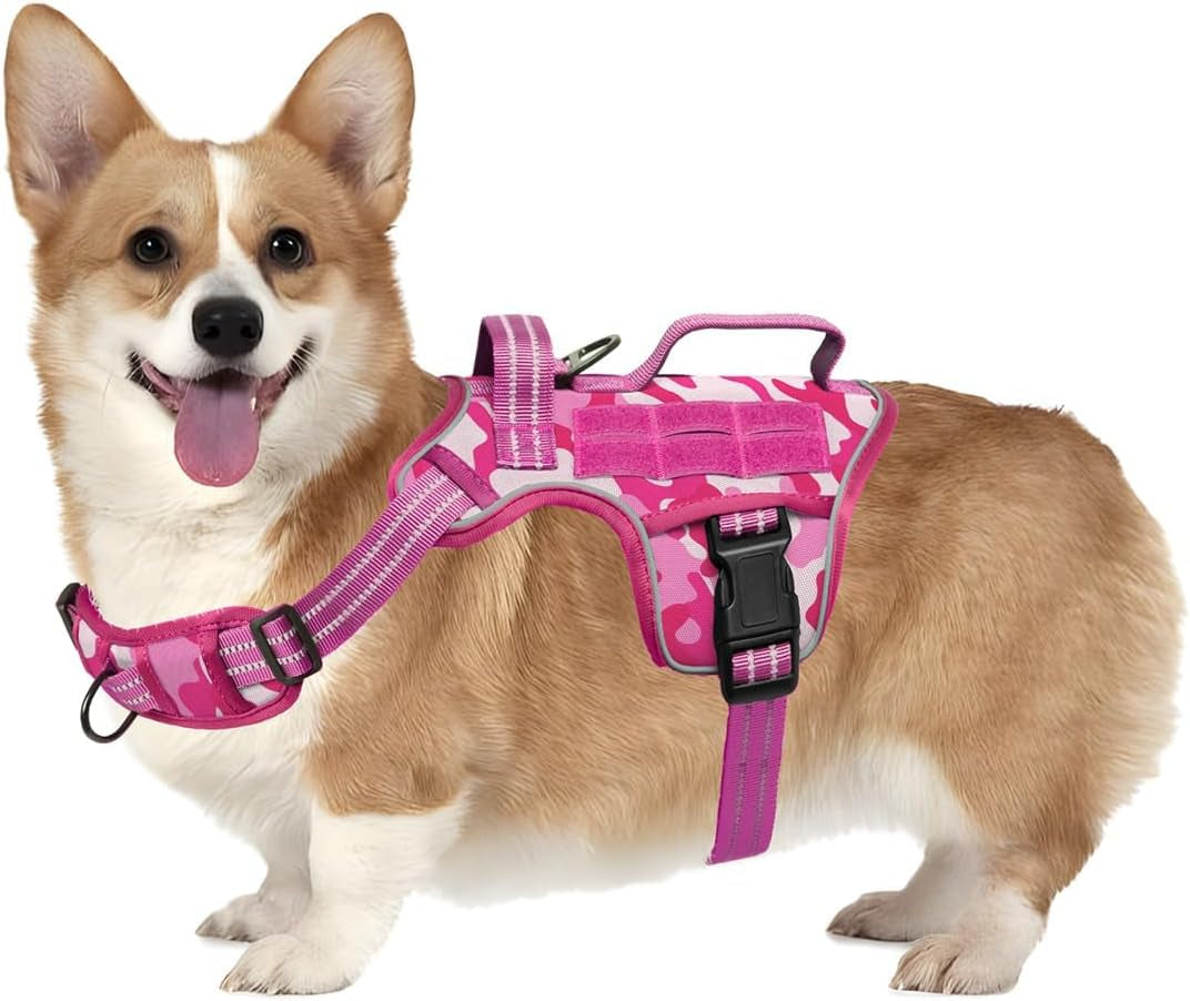 No Pull Tactical Dog Harness Heavy Duty Molle Vest for Medium to XLarge Dogs Pink Camo S(Neck:16-22",Chest:20-28"),18-35 Lbs
